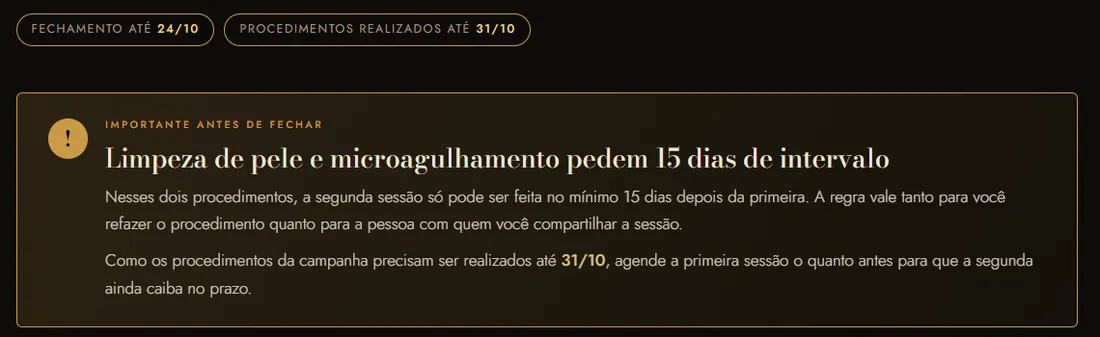 Aviso sobre o intervalo de 15 dias entre sessões e prazos da campanha