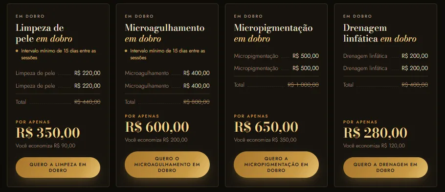 Cards de preço da campanha Black em Dobro com preço cheio, preço promocional e economia